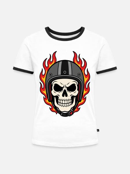 Flammender Totenkopf mit Motorradhelm - Frauen Kontrast-T-Shirt - Weiß/Schwarz