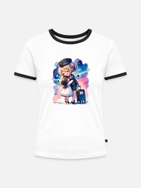 Flugbegleiterin Mutter mit ihrer Tochter - Frauen Kontrast-T-Shirt - Weiß/Schwarz