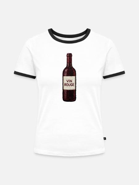 Rotweinflasche im bestickten Aussehen (bedruckt) - Frauen Kontrast-T-Shirt - Weiß/Schwarz