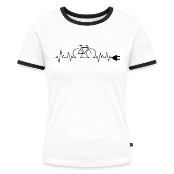 E-Bike Herzschlag - Frauen Kontrast-T-Shirt - Weiß/Schwarz - Vorne - Selfina (174cm)