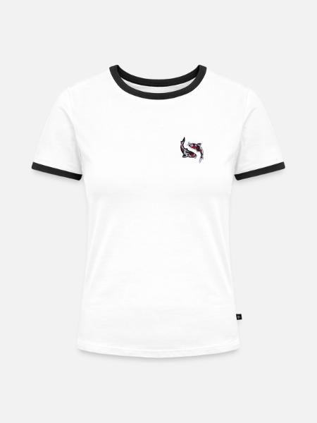 Fisch Koi bestickt - Frauen Kontrast-T-Shirt - Weiß/Schwarz