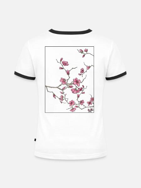 Kirschblüten Florales Design - Frauen Kontrast-T-Shirt - Weiß/Schwarz