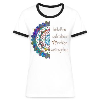 Hinfallen Aufstehen Krone richten Mandala Blume - Frauen Kontrast-T-Shirt - Weiß/Schwarz - Vorne - Selfina (174cm)