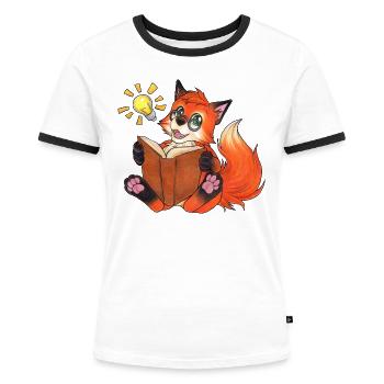 Sei Schlau, Niedlicher Fuchs mit Buch für Nerds - Frauen Kontrast-T-Shirt - Weiß/Schwarz - Vorne - Selfina (174cm)