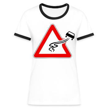 Verkehrszeichen Schleudergefahr, slippery road - Frauen Kontrast-T-Shirt - Weiß/Schwarz - Vorne - Selfina (174cm)