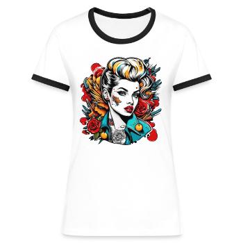 Rockabilly / Pin-up Girl / Frauenpower / 50er - Frauen Kontrast-T-Shirt - Weiß/Schwarz - Vorne - Selfina (174cm)
