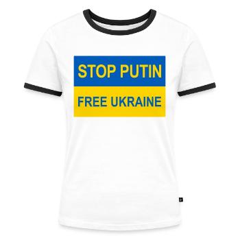 Stop Putin Stop War - Ukraine Flagge - Frauen Kontrast-T-Shirt - Weiß/Schwarz - Vorne - Selfina (174cm)