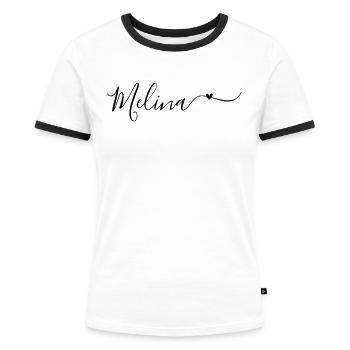 Melina Name Vorname Dekorativ - Frauen Kontrast-T-Shirt - Weiß/Schwarz - Vorne - Selfina (174cm)