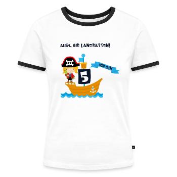 Geburtstagsshirt 5 Jahre Junge Pirat Piraten - Frauen Kontrast-T-Shirt - Weiß/Schwarz - Vorne - Selfina (174cm)