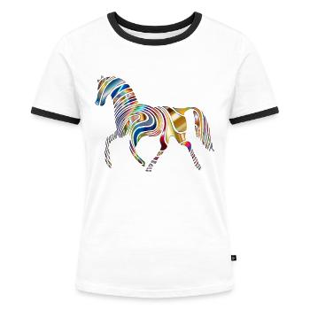 Pferd - bunt durch die Welt - Frauen Kontrast-T-Shirt - Weiß/Schwarz - Vorne - Selfina (174cm)