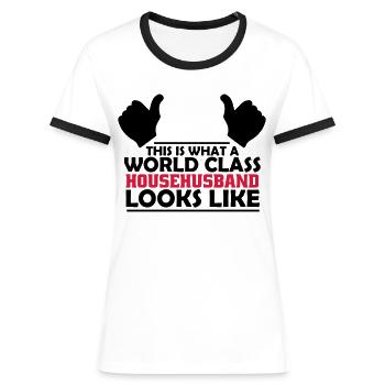 world class househusband - Women's Ringer T-Shirt - white/black - Front - Selfina (174cm)