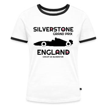 Silverstone, , Angleterre, drapeau britannique - T-shirt contrasté Femme - blanc/noir - Devant - Selfina (174cm)