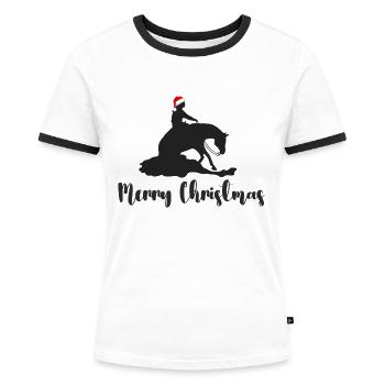 Curseur avec chapeau de Père Noël Joyeux Noël - T-shirt contrasté Femme - blanc/noir - Devant - Selfina (174cm)