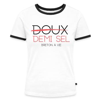 doux demi sel breton - T-shirt contrasté Femme - blanc/noir - Devant - Selfina (174cm)