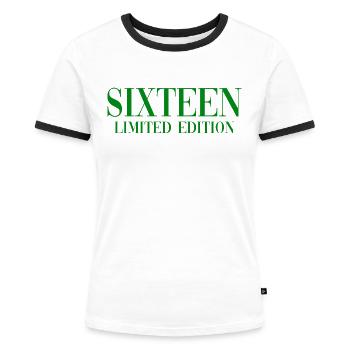 16e anniversaire Seize cadeaux - T-shirt contrasté Femme - blanc/noir - Devant - Selfina (174cm)
