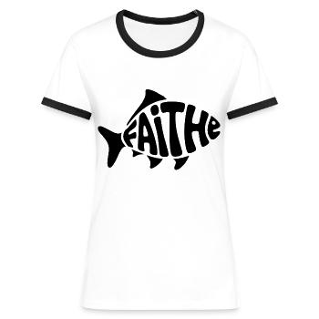 Gott Fisch - Christliches Logo - Frauen Kontrast-T-Shirt - Weiß/Schwarz - Vorne - Selfina (174cm)