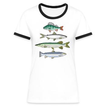 FOUR FISH - Barsch-, Felchen-, Hecht- und Forellenprodukte - Frauen Kontrast-T-Shirt - Weiß/Schwarz - Vorne - Selfina (174cm)