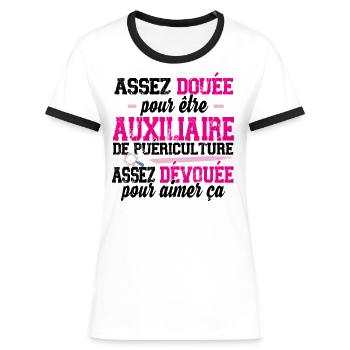 Auxiliaire de puériculture Puéricultrice Métier - T-shirt contrasté Femme - blanc/noir - Devant - Selfina (174cm)