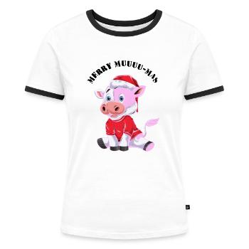 Merry Muuu Mas Outfit - Frauen Kontrast-T-Shirt - Weiß/Schwarz - Vorne - Selfina (174cm)