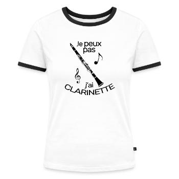 Je peux pas j'ai Clarinette basse jazz sib ou ut - T-shirt contrasté Femme - blanc/noir - Devant - Selfina (174cm)