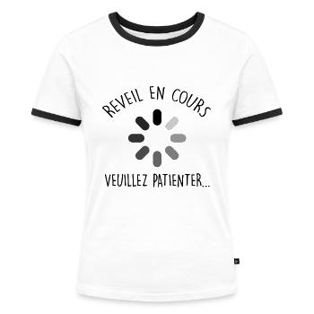 Réveil en cours | Cadeau Dormeur Humour - T-shirt contrasté Femme - blanc/noir - Devant - Selfina (174cm)