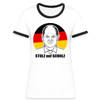 stolz auf Scholz, Bundeskanzler, Deutschland Shirt - Frauen Kontrast-T-Shirt - Weiß/Schwarz - Vorne - Selfina (174cm)