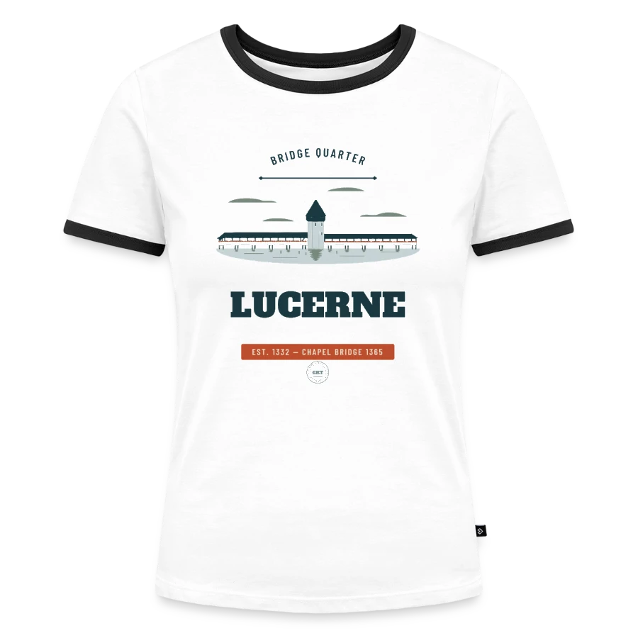 Lucerne badge on a women's ringer t-shirt, white/black