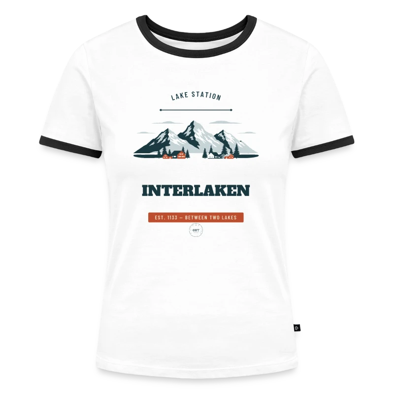 Interlaken badge on a women's ringer t-shirt