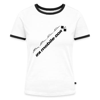 Wartburg - IFA mobile DDR - Baureihe - Frauen Kontrast-T-Shirt - Weiß/Schwarz - Vorne - Selfina (174cm)