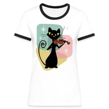 Retro Geigenspieler Black Mid Century Cat - Frauen Kontrast-T-Shirt - Weiß/Schwarz - Vorne - Selfina (174cm)