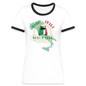 Made in Italy 1957 Oldtimer Auto 500 Bambino - Frauen Kontrast-T-Shirt - Blau/Weiß - Vorne