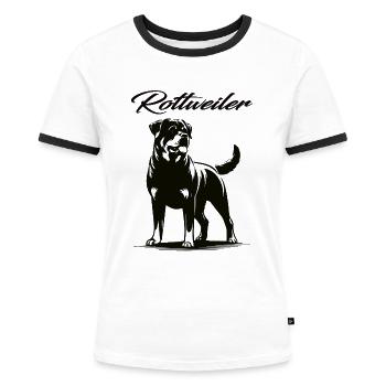 Fier de mon Rottweiler – la force avec le cœur - T-shirt contrasté Femme - blanc/noir - Devant - Selfina (174cm)