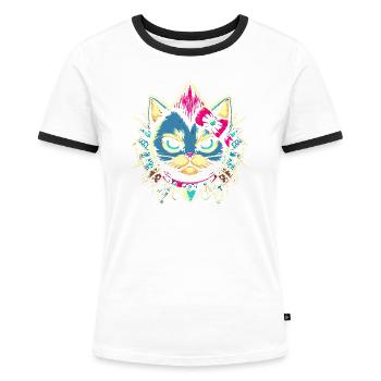 YANACAT Saure, aber süße, stilvolle Punk-Katze - Frauen Kontrast-T-Shirt - Weiß/Schwarz - Vorne - Selfina (174cm)