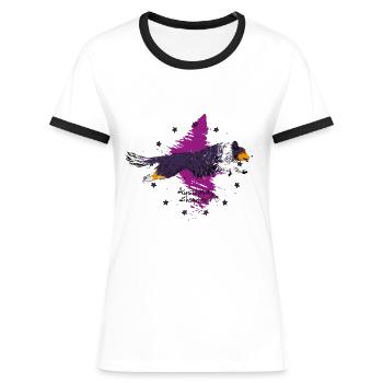 Australian Shepherd, black tri - T-shirt contrasté Femme - blanc/noir - Devant - Selfina (174cm)