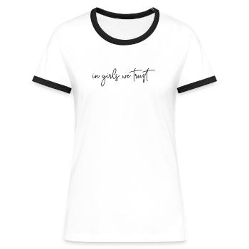 Chez les filles, nous faisons confiance à une typographie générale - T-shirt contrasté Femme - blanc/noir - Devant - Selfina (174cm)