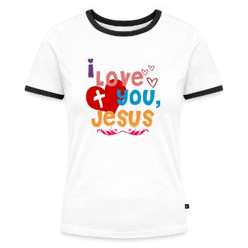 J'aime Jésus, le chrétien, l'amour - T-shirt contrasté Femme - blanc/noir - Devant - Selfina (174cm)