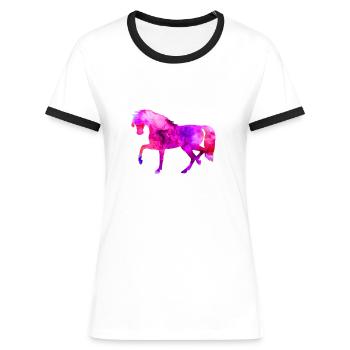 Pferd lustige Tiere blau-rosa Aquarell T Shirt Kin - Frauen Kontrast-T-Shirt - Weiß/Schwarz - Vorne - Selfina (174cm)