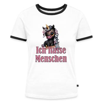 Kleines süßes Schwarzes Einhorn mit Spruch - Frauen Kontrast-T-Shirt - Weiß/Schwarz - Vorne - Selfina (174cm)