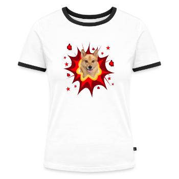 Comic Dog Design - Pow - Spitz finlandais - T-shirt contrasté Femme - blanc/noir - Devant - Selfina (174cm)