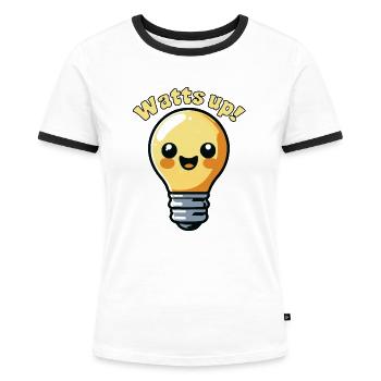 Watts Up Niedliche Elektrizität Glühbirne Cartoon Wortspiel - Frauen Kontrast-T-Shirt - Weiß/Schwarz - Vorne - Selfina (174cm)