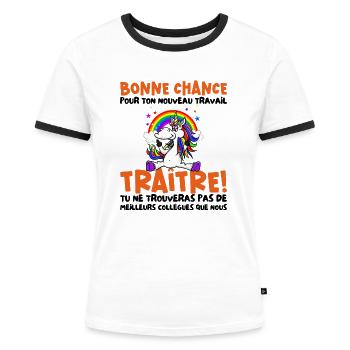 Départ Collègue Nouvel Emploi idée Cadeau Travail - T-shirt contrasté Femme - blanc/noir - Devant - Selfina (174cm)