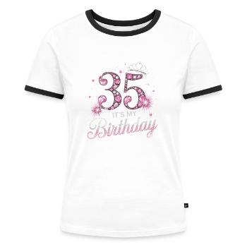 35. Geburtstag Glitzer Krone und Rosa Edelsteine - Frauen Kontrast-T-Shirt - Weiß/Schwarz - Vorne - Selfina (174cm)