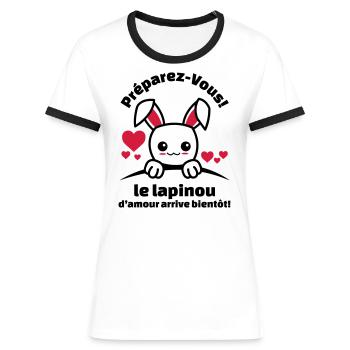 préparez-vous le lapinou d'amour arrive bientôt - T-shirt contrasté Femme - blanc/noir - Devant - Selfina (174cm)
