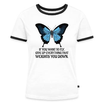Papillon coloré fleur chenille nature - T-shirt contrasté Femme - blanc/noir - Devant - Selfina (174cm)