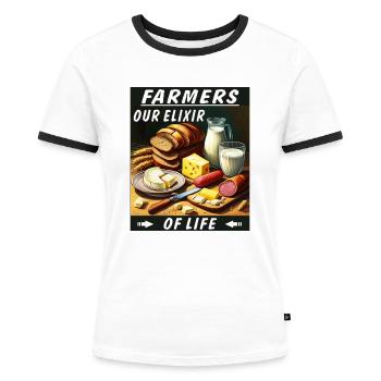 FARMERS OUR ELIXIR OF LIFE - Frauen Kontrast-T-Shirt - Weiß/Schwarz - Vorne - Selfina (174cm)