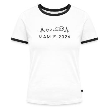 Future Mamie 2026 Battement de Cœur Grossesse - T-shirt contrasté Femme - blanc/noir - Devant - Selfina (174cm)