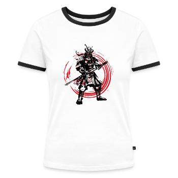 Samurai Japanischer Krieger Blutmond Design - Frauen Kontrast-T-Shirt - Weiß/Schwarz - Vorne - Selfina (174cm)