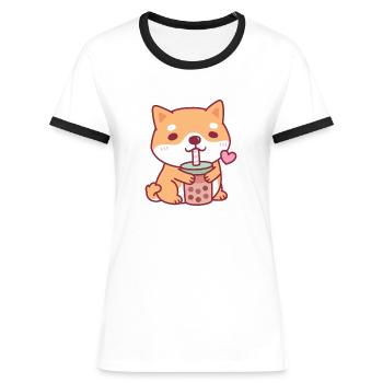 Süßer Shiba Inu Hund liebt Bubble Tea - Frauen Kontrast-T-Shirt - Weiß/Schwarz - Vorne - Selfina (174cm)