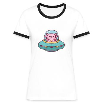 Leuke Axolotl die een ruimteschip vliegt - Vrouwen contrastshirt - wit/zwart - Voor - Selfina (174cm)
