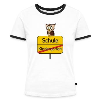 Schule Kindergarten Einschulung Eule Ortsschild - Frauen Kontrast-T-Shirt - Weiß/Schwarz - Vorne - Selfina (174cm)